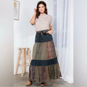 Women’s Boho Tiered Patchwork Denim Maxi Skirt With Pockets Sz Small NWT